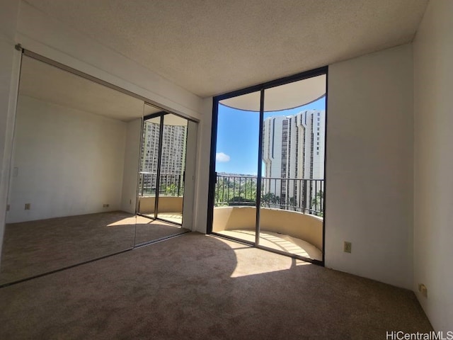 carpeted empty room featuring a textured ceiling