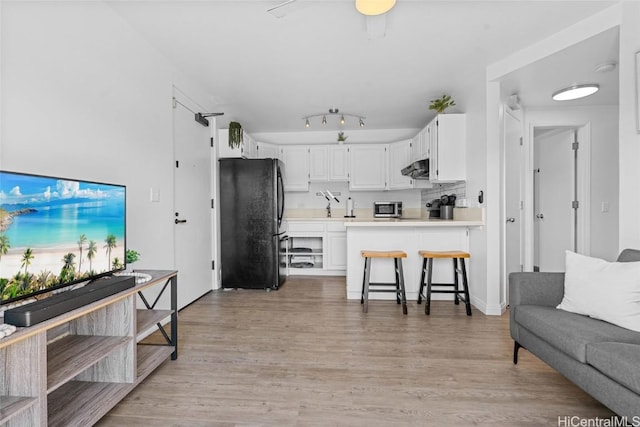 living room with sink and light hardwood / wood-style flooring