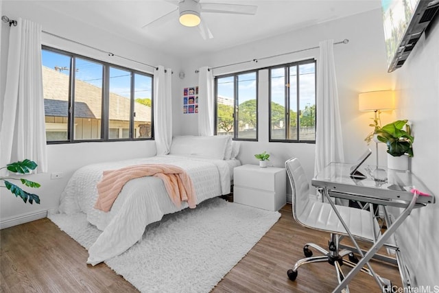 bedroom with multiple windows, hardwood / wood-style floors, and ceiling fan