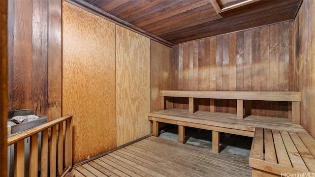 view of sauna featuring hardwood / wood-style flooring