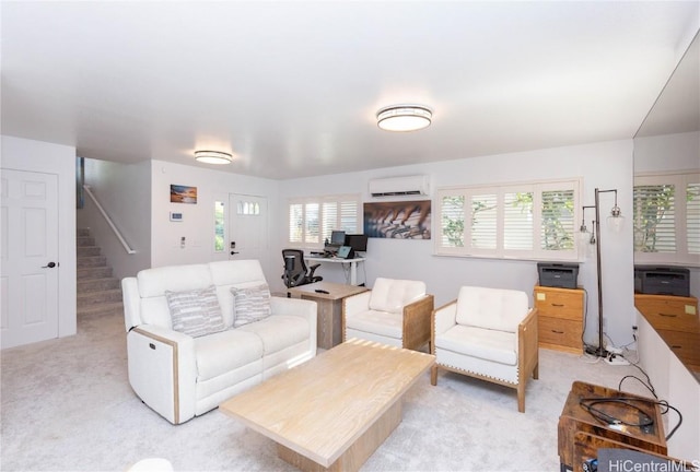 living room featuring a wall mounted air conditioner and light carpet