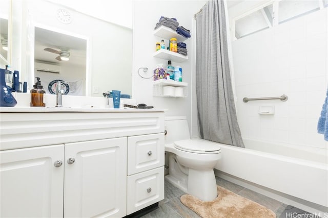 full bathroom with an AC wall unit, vanity, ceiling fan, toilet, and shower / bath combo