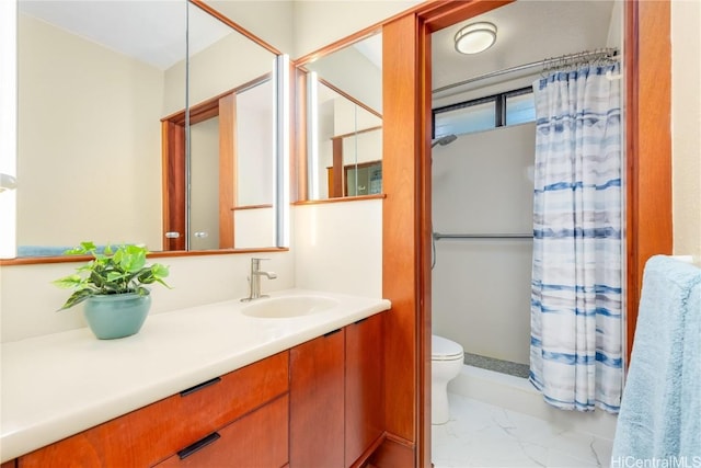 bathroom featuring toilet, vanity, and curtained shower