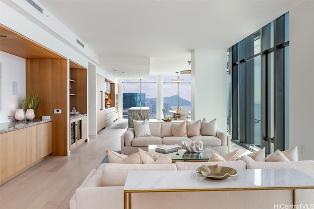 living room featuring light hardwood / wood-style flooring, a mountain view, and a wall of windows