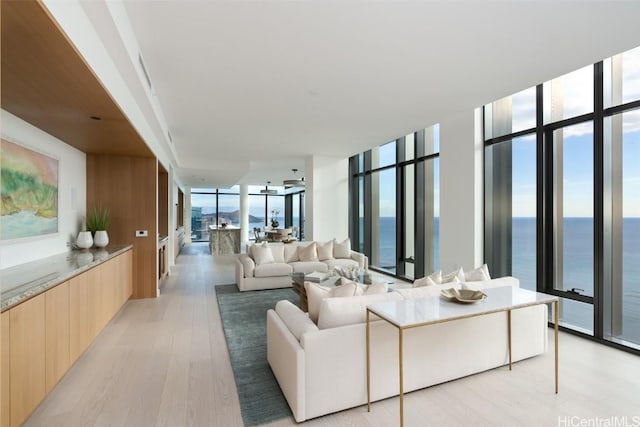 living room featuring a water view, a wall of windows, and light hardwood / wood-style flooring