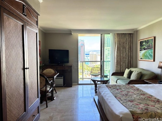 bedroom with a wall of windows, ornamental molding, and light tile patterned floors