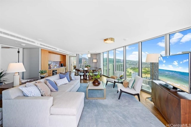 living room featuring expansive windows and light hardwood / wood-style floors