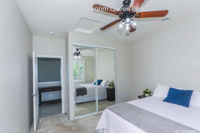 bedroom featuring light carpet, a closet, and ceiling fan