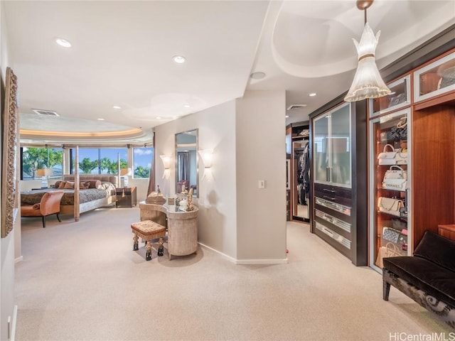 living room featuring a raised ceiling and light carpet