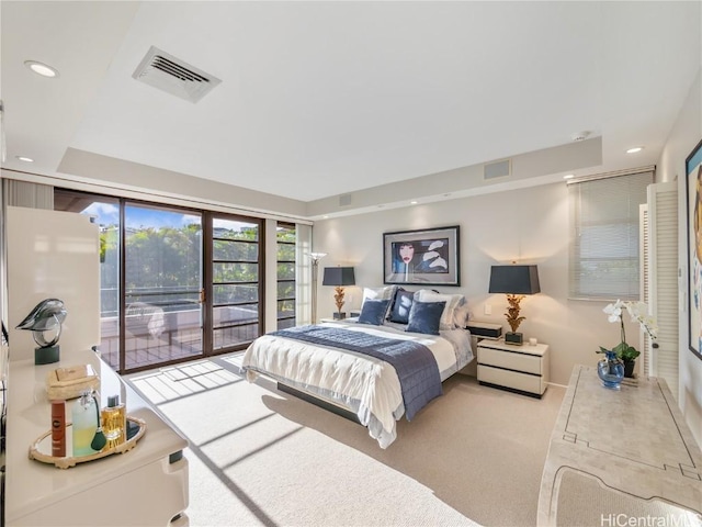 bedroom featuring light carpet, access to outside, and a raised ceiling