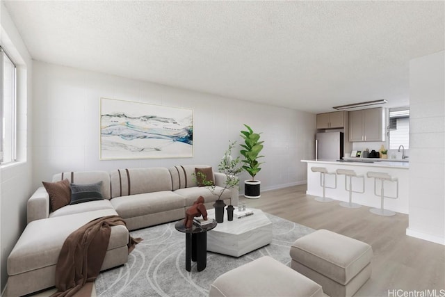 living room with sink, light hardwood / wood-style floors, and a textured ceiling