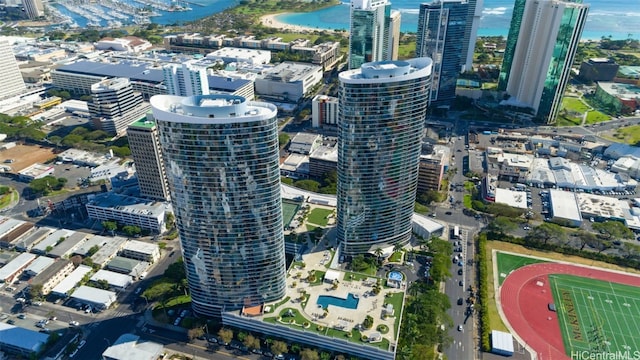 birds eye view of property featuring a water view