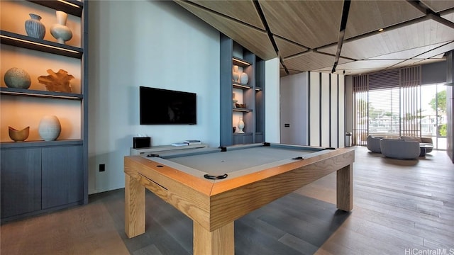 playroom featuring wooden ceiling, hardwood / wood-style floors, built in features, and pool table