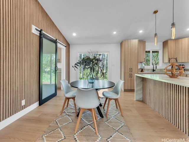 dining area with sink, light hardwood / wood-style flooring, and a barn door