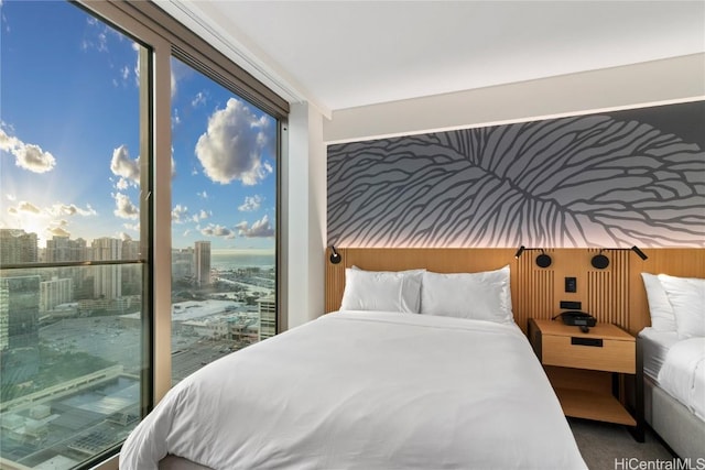 bedroom with access to outside and a city view