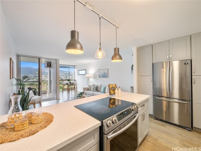 kitchen featuring stainless steel appliances, floor to ceiling windows, light hardwood / wood-style floors, and hanging light fixtures