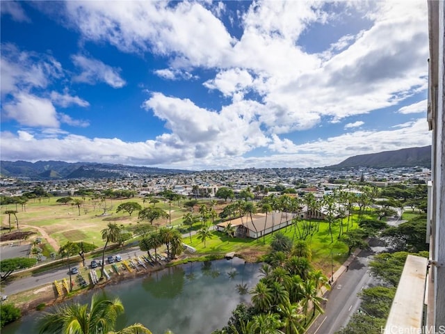 bird's eye view featuring a water and mountain view