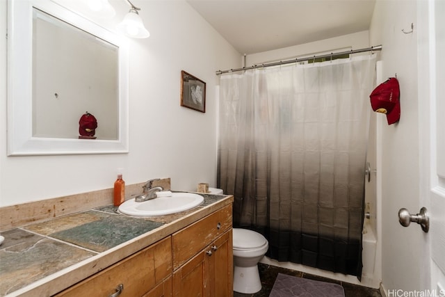 full bathroom with tile patterned flooring, vanity, shower / bathtub combination with curtain, and toilet