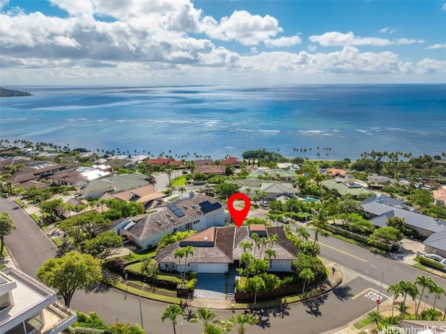 drone / aerial view featuring a water view