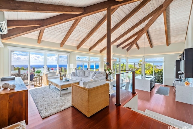 living room with vaulted ceiling with beams, wood ceiling, and hardwood / wood-style floors