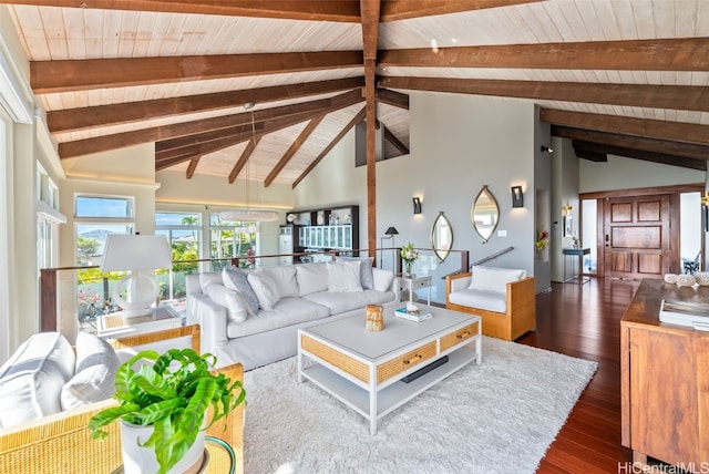 living room featuring dark wood-type flooring, wooden ceiling, and beamed ceiling