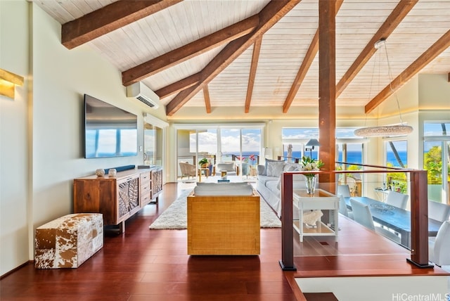 interior space with a wall mounted air conditioner, wood ceiling, dark wood-type flooring, and lofted ceiling with beams