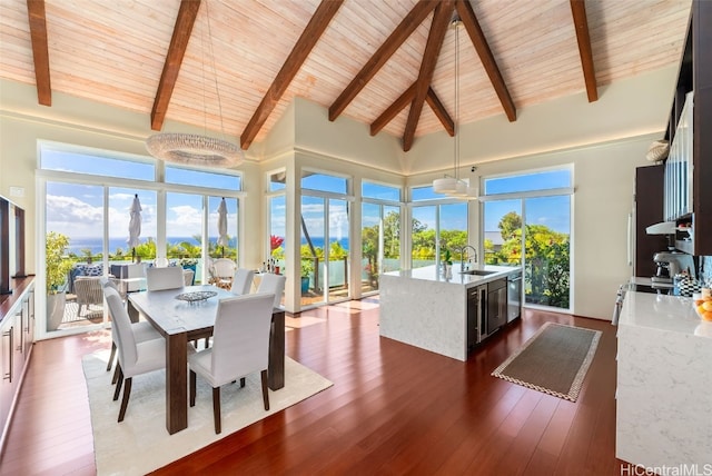 sunroom featuring lofted ceiling with beams, sink, and wooden ceiling