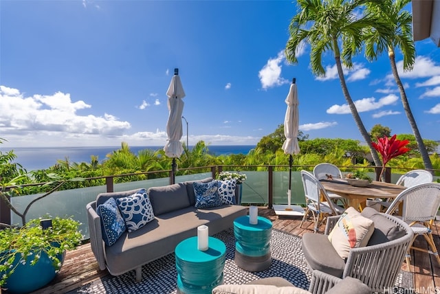 view of patio / terrace featuring a water view and an outdoor hangout area