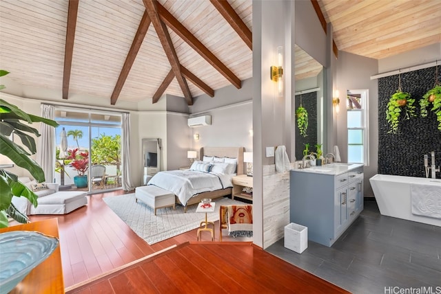 bedroom featuring wood ceiling, high vaulted ceiling, an AC wall unit, dark hardwood / wood-style floors, and beam ceiling