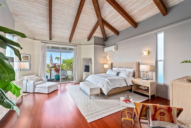 bedroom featuring multiple windows, an AC wall unit, vaulted ceiling with beams, and hardwood / wood-style floors