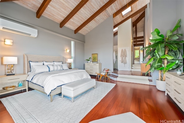 bedroom with hardwood / wood-style flooring, a skylight, high vaulted ceiling, wooden ceiling, and beamed ceiling