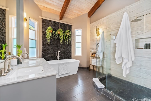 bathroom featuring vanity, vaulted ceiling with beams, wood ceiling, and plus walk in shower