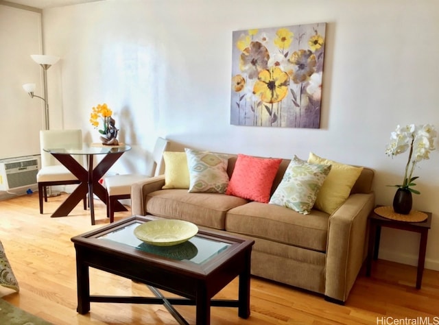 living room featuring hardwood / wood-style flooring and a wall unit AC