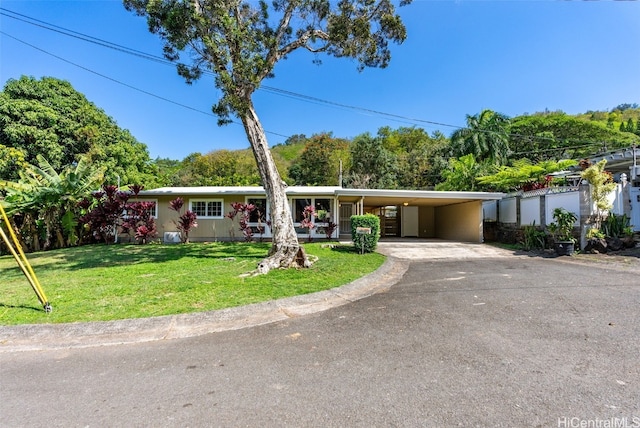 ranch-style house with a carport, driveway, and a front lawn