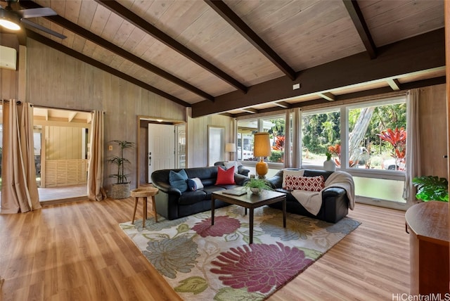 living area with light wood-style floors, wood ceiling, wooden walls, and beamed ceiling