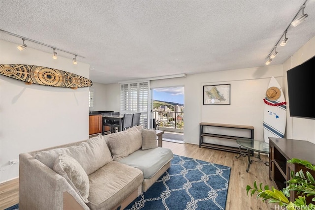 living room featuring light hardwood / wood-style flooring and a textured ceiling