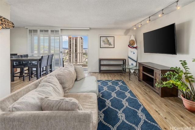 living room featuring rail lighting, light hardwood / wood-style floors, and a textured ceiling