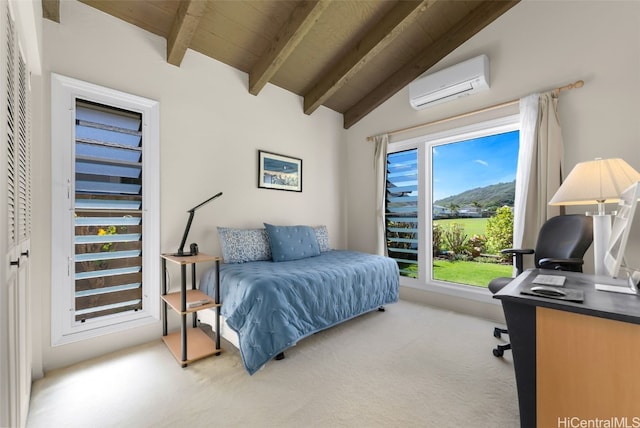 bedroom with light carpet, wood ceiling, lofted ceiling with beams, and an AC wall unit