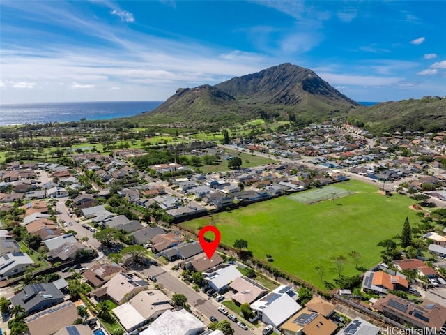 bird's eye view featuring a water and mountain view