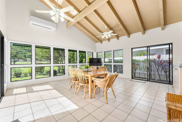 sunroom / solarium featuring lofted ceiling with beams, a wall mounted air conditioner, and ceiling fan