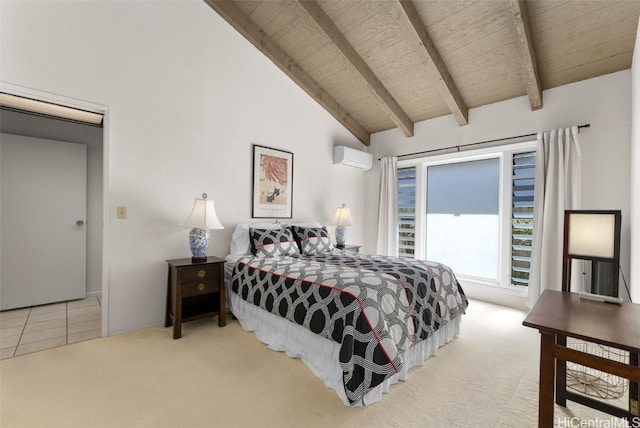 bedroom featuring beamed ceiling, wood ceiling, carpet flooring, and a wall unit AC