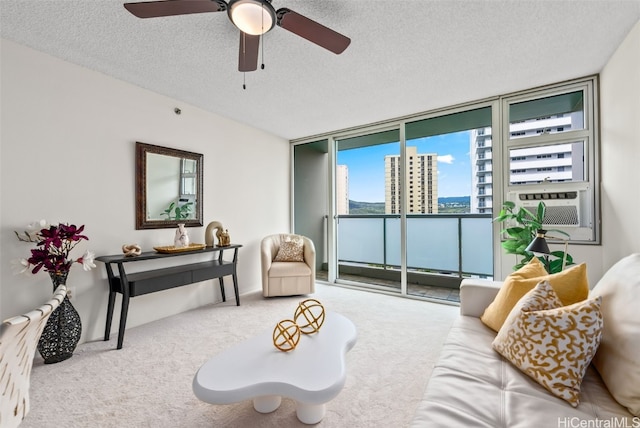 carpeted living room with expansive windows and a textured ceiling