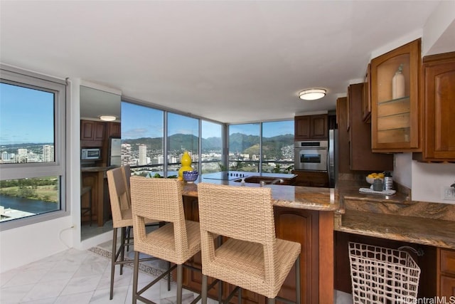 kitchen with a wealth of natural light, a breakfast bar area, stainless steel oven, and stone countertops