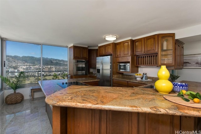 kitchen with appliances with stainless steel finishes, light stone counters, and a mountain view