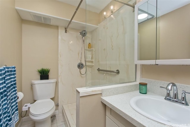 bathroom with walk in shower, vanity, and toilet