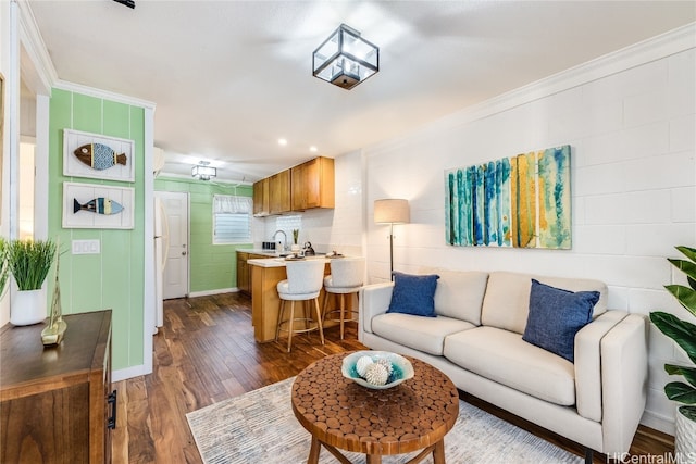 living room featuring dark wood-type flooring, crown molding, and sink