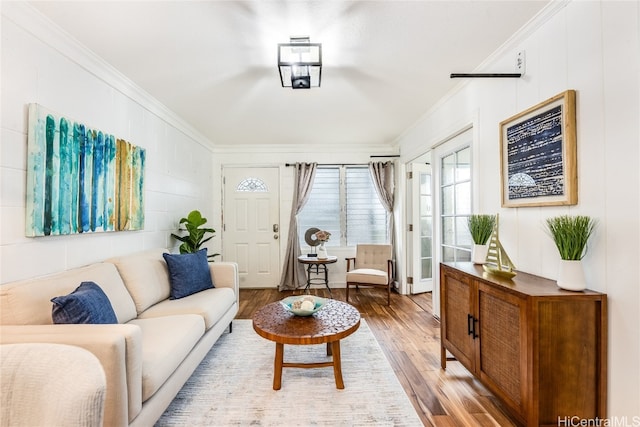 living room with crown molding and wood-type flooring