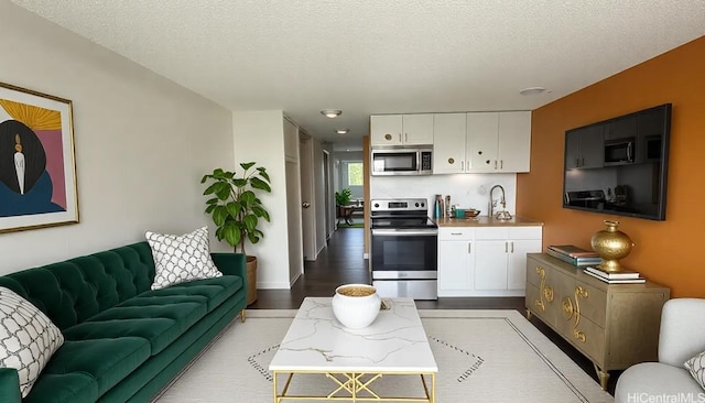 living room with a textured ceiling and light hardwood / wood-style floors