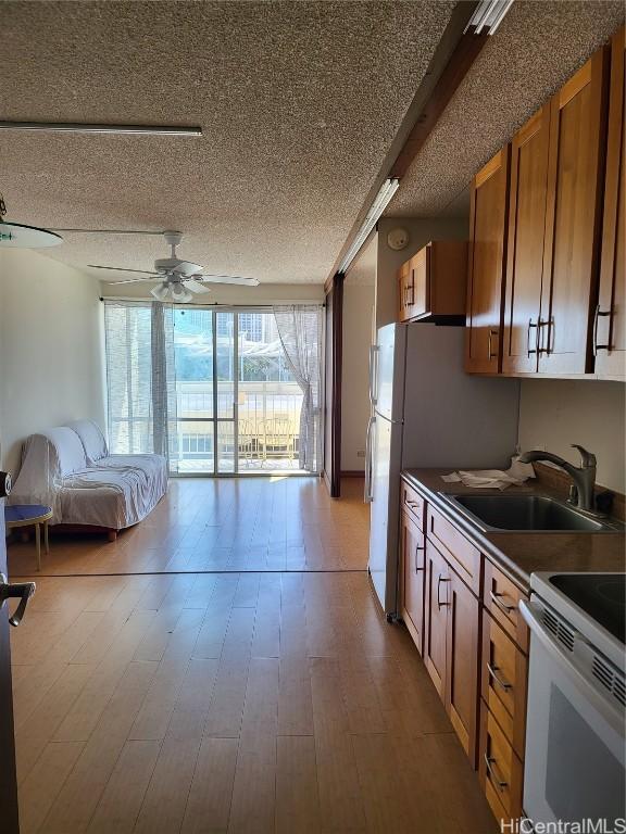 kitchen with sink, electric range, ceiling fan, light hardwood / wood-style floors, and a textured ceiling