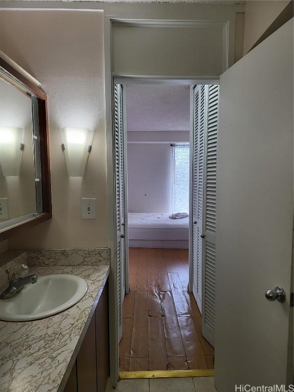 bathroom featuring vanity and hardwood / wood-style flooring